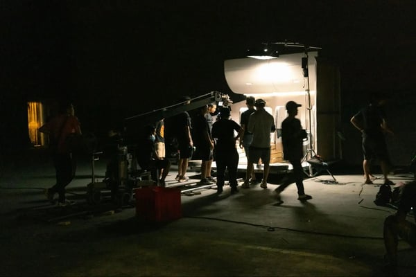 Dolly shot being set up on studio set. 