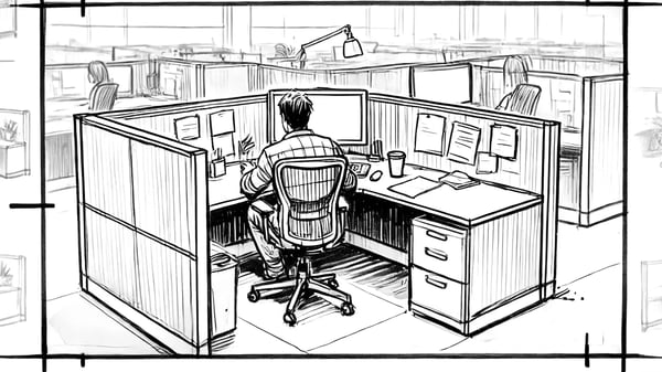 Storyboard of man in office cubicle. 