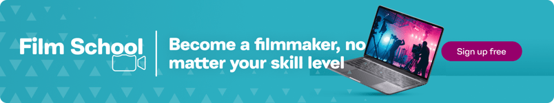 Film School illustration with laptop computer and the call to action, "Become a filmmaker, no matter your skill level."