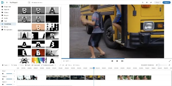 Stock footage of children leaving school bus, open and being edited in WeVideo's editor.