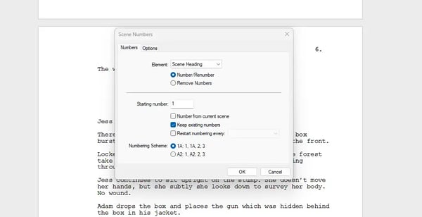 Scene numbers being added to script in screenwriting software. 