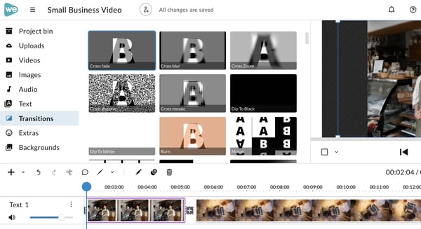 Placing a video transition in between clips on the timeline in WeVideo's editor.