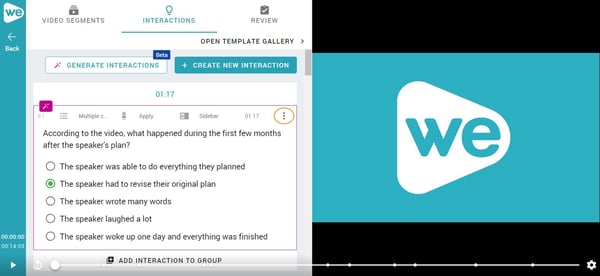 Auto-generated interactive questions in WeVideo Interactivity. 