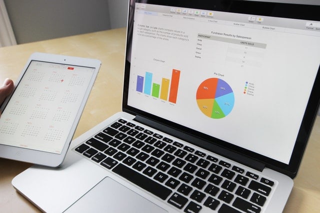 Computer alongside a tablet showing colorful pie charts, graphics, and statistics.