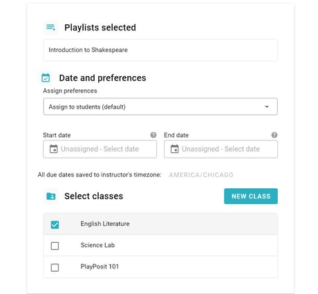 Assign to classes interface in WeVideo Interactivity. Options to choose assignment preferences, assignment dates, and classes.