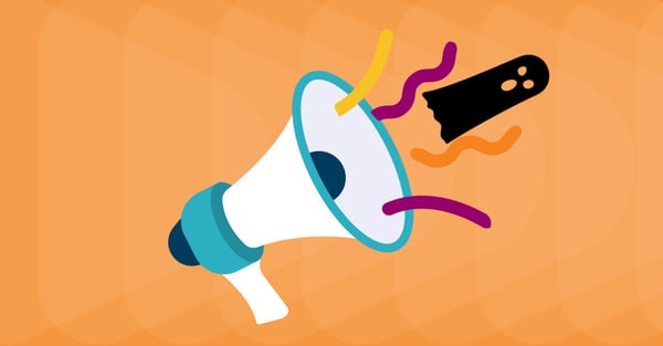 Illustration of megaphone. Ghost flying out of megaphone. Orange background.