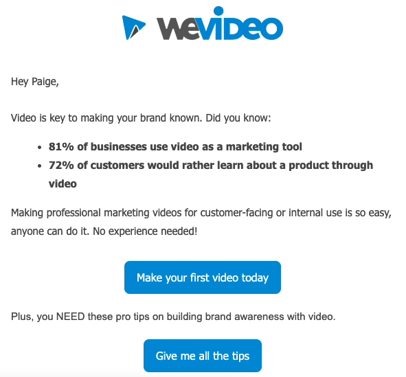 WeVideo welcome email example with black text, white background, and blue CTA buttons.