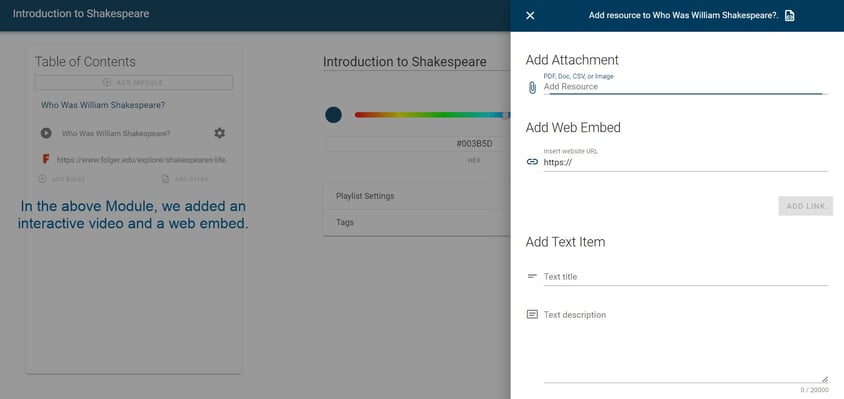 Adding supplemental resources to a Playlist module in WeVideo Interactivity.