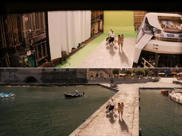 Two scenes: The top demonstrating the green screen set and the bottom showing the movie scene with a family walking on a strip with water on both sides.