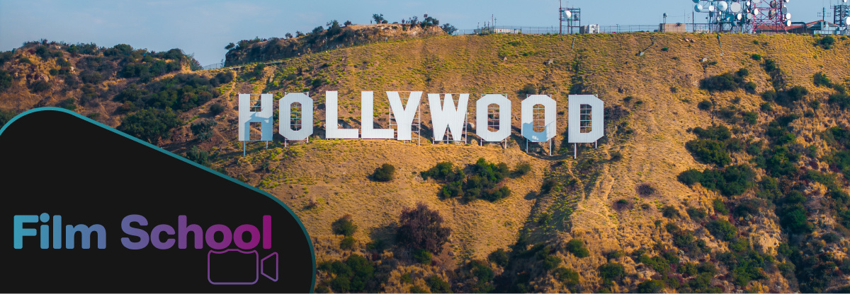 Hollywood sign in Los Angeles. WeVideo Film School logo in bottom left corner. 