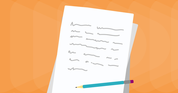 Illustration of paper and pencil against orange background.