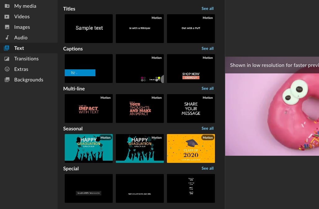 Screenshot of text options available in WeVideo