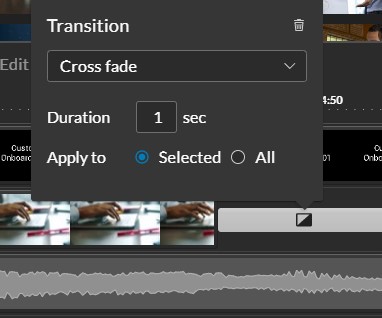 Transition menu in WeVideo for selecting and customizing transitions on Timeline.