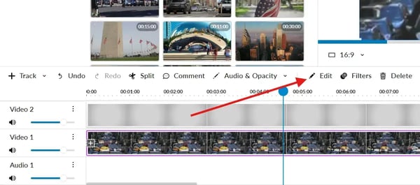 WeVideo editor showing the "Edit" option to adjust opacity.