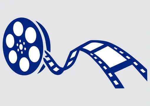 Blue and white graphic of film coming off a film reel against a gray background.