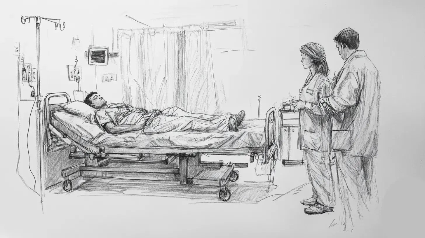 This image shows a sketch of a film scene in a hospital room, where a patient is in a bed, in a coma. At the foot of the patient's bed are a doctor and a nurse.&nbsp;