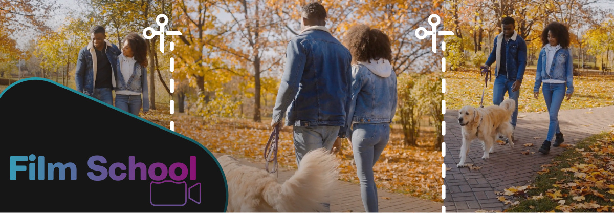 Film cut image of two people walking in a park with a dog and the film school logo in the bottom left corner.