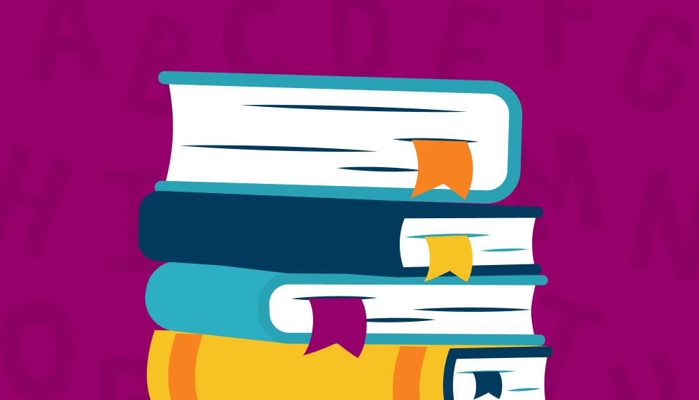 illustration of books stacked on a magenta background